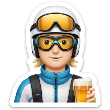 After-ski, a skier, wearing modern skiing goggles on his ski helmet, drinking beer. The person should not wear any glasses. sticker