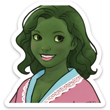 apple-emoji a girl with dark brown wavy hair just below her shoulders, with blue eyes, full lips, pink cheeks, plump skin, in a lace blue robe with a smile. sticker