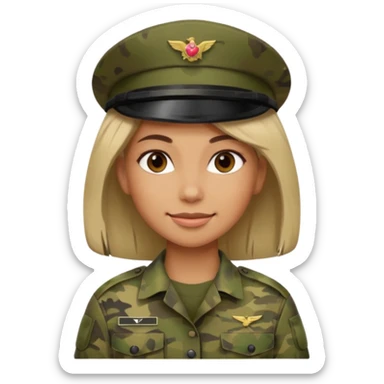 Female soldier emoji in Apple style, no cap/helmet, bust portrait, gentle smile, generic camo, hair visible, soft gradients, transparent PNG sticker