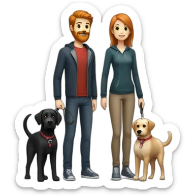 a handsome, slender man in a  sporting a red beard and wear casual outfit, standing next to a black Labrador dog, holding it on a leash sticker