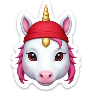 unicorn face cute wearing cute red hat, horn piercing through the hat looking in the camera sticker