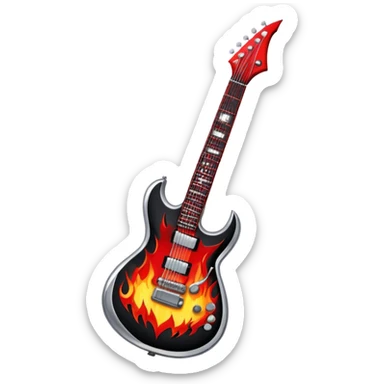Create a bold and powerful emoji representing rock vocal performance in a humanless collage. The design should feature a vintage microphone at the center, surrounded by a heavy, aggressive hardcore electric guitar with sharp, jagged edges. Include crossed drumsticks behind the guitar, symbolizing the intense rhythm of rock music. Add fiery elements like flames or lightning bolts to enhance the raw energy of the design. Use dark, bold colors like black, red, and silver, with metallic or chrome accents to reflect the rebellious, hard-hitting nature of rock. The background should be transparent. sticker