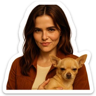 Portrait centered for Instagram profile picture, inspired by facial features visible in the reference images of Zoe Deutch, tanned complexion, subtle freckles, shirt color #FFF8CA, rust-colored jacket, medium-length brown hair with auburn highlights, rebellious and playful expression, holding a beige-brown chihuahua, Netflix series style, transparent background, intimate and expressive atmosphere inspired by Tenerife. sticker
