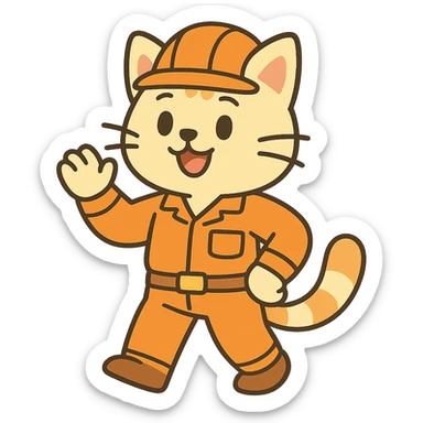 cat character with orange hard hat and work uniform, anime inspired sticker