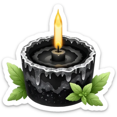 Black candle in a black geode with herbs sticker