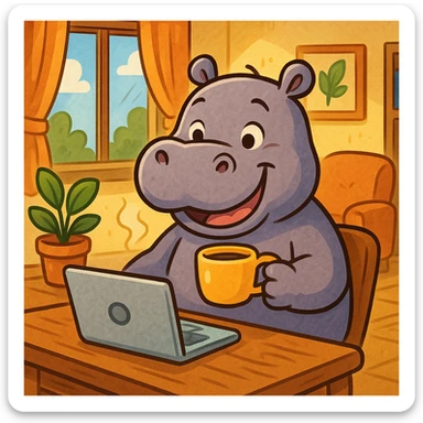 A cartoon hippopotamus who sits at a laptop and drinks coffee sticker