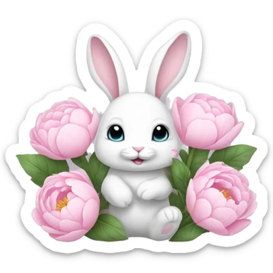 cute white bunny holding light pink peonies sticker