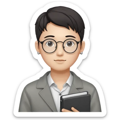 korean male guy 20s wearing an apnotebook, wearing radio earrings, round glasses, achromatic clothes, and achromatic clothes. sticker