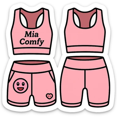 Add the name 'Mia Comfy' in a clear, stylish font on the pink yoga top. Keep the background transparent. sticker