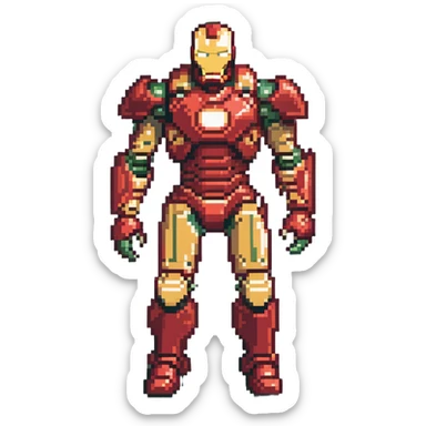Hulkbuster armor, massive red and gold Iron Man suit designed to fight Hulk, bulky armored exoskeleton, retro video game style sticker