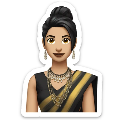 hair straight, American/British white, black hair, white face colour, slender face, wearing a trendy saree and accessories, full body, sharp jawline, edgy sticker