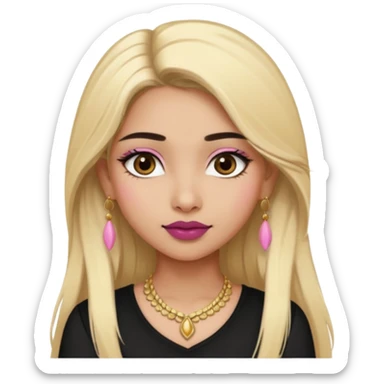 Sweet Indian girl blond long hair darkbrow  eyes brown/pink lipstick blush, black top gold earrings, brown eyebrows  sticker