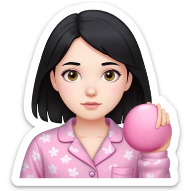 pale girl, medium black hair, pink soft pajamas sticker