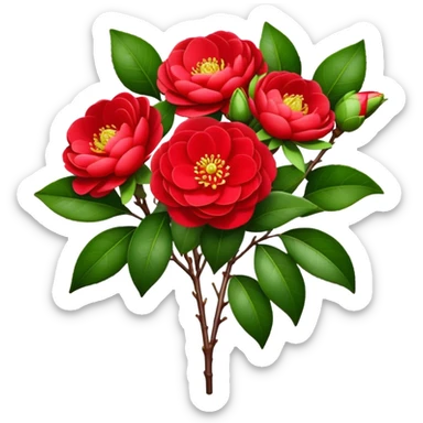 bouquet Red Camellia, luxuriant, stem, leaf, bud sticker