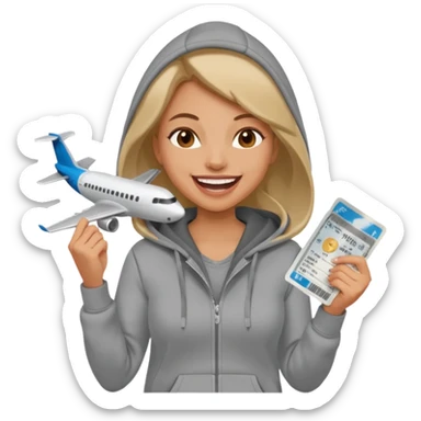Hilarious, blunt, high energy, and adventurous. woman in hoodie laughing with plane tickets  sticker
