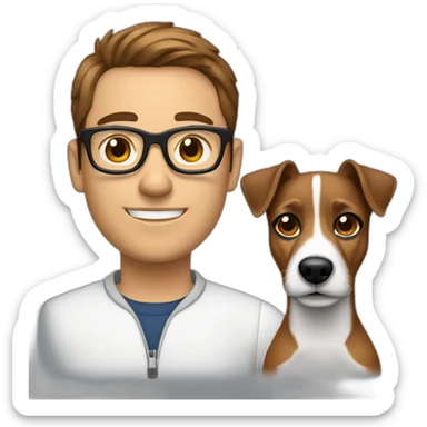 man with glasses with modern cut brown hair with jack russell terrier dog sticker