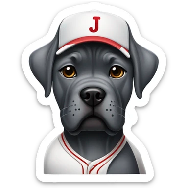 Grey Cane Corso in a baseball uniform with a monogrammed J. sticker