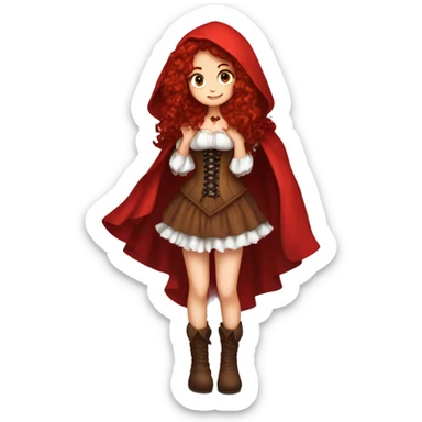 Little Red Riding Hood long curly red hair, brown corset and dress full body pose non-chibi sticker