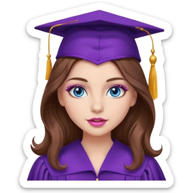 girl with wavy long brown hair, blue eyes, long lashes makeup, sexy pink lips, wearing a purple graduation cap and gown sticker