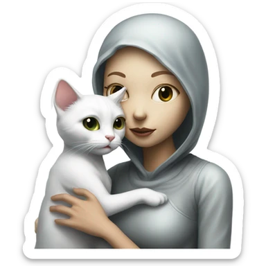 Photo realistic, alien female, kissing and embracing white cat, sticker