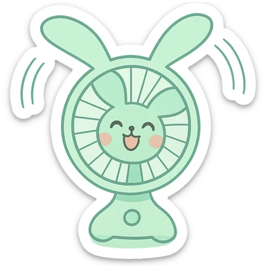cute electric fan bunny spinning its ears like blades, cheerful face, pastel green, full-body sticker