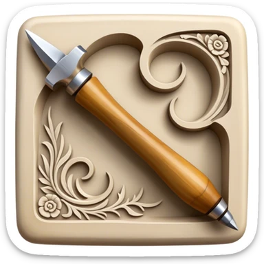 Carving icon, stone, bone, and horn being carved with chisels, fine detailed patterns visible, carving tools like chisel and awl, minimalistic style, clean lines, transparent background. sticker