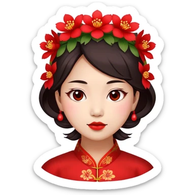 A Chinese woman with red flowers on her head sticker