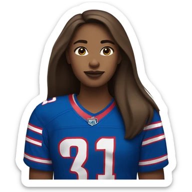 Girl with long brown hair wearing buffalo bills jersey sticker