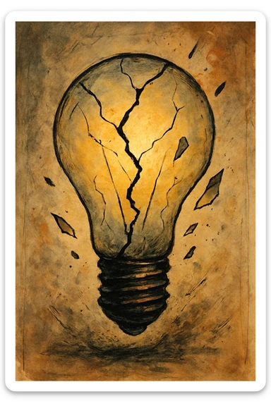 a stylized lightbulb with a large crack and pieces falling off sticker
