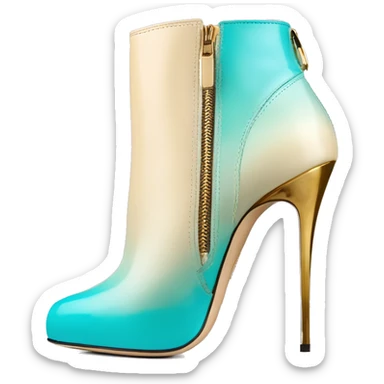 Hyper Realistic isolated forward top view of a pair of tiffany blue ,cream,and gold ombre Jimmy Choo zippered peppe toe Stiletto Heel ankle bootie boots. sticker