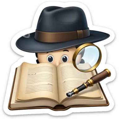 Icon for Detective Reading: an open book with a magnifying glass, a detective’s hat, and a notebook with clues, surrounded by dark shadows and mysterious elements like footprints and a smoking pipe. Transparent background. sticker