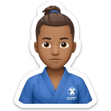 black karate instructor with ponytail and a low taper haircut, and a small fade on the sides with a blue belt and roger Gracie academy logo on the gi sticker