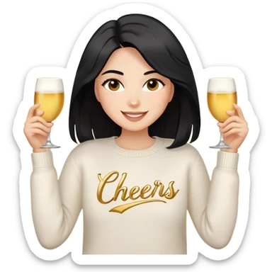 A woman with longer black hair, light to medium skin tone, full cheeks, and almond-shaped eyes, wearing a simple white sweater with the word 'cheers' in gold script, joyful and radiant expression, cheerful, emoji style, just her torso, no hands. sticker