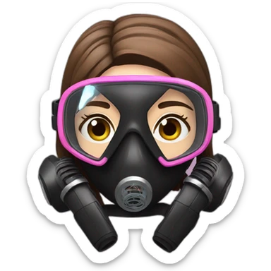 woman with blues eyes, large and straight brown hair, pink diving mask with a single crystal. underwater black suit sticker