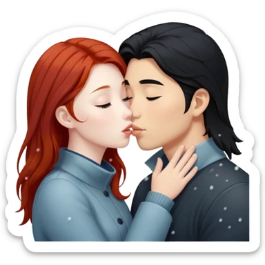 long black haired asian guy kisses redhead girl in snowstorm sticker