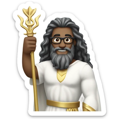 Poseidon with gold Trident and glasses. long hair white dress. smile . eye wink. point us with index sticker
