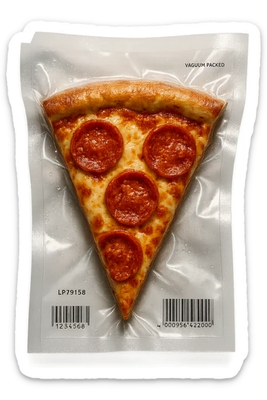 vacuum-sealed slice of pizza, cheese and toppings visible sticker