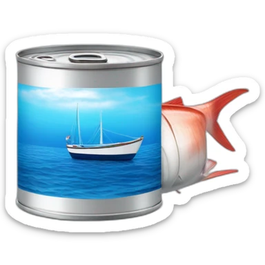 realistic can of tuna fish sowing the blue shape of a sailling boat on a sea background sticker