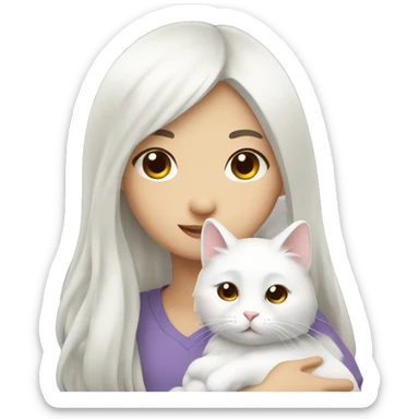 asian girl snuggling fluffy white cat sticker