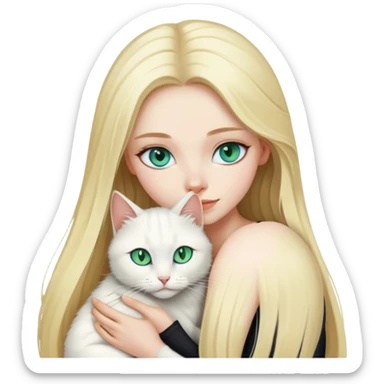 pretty woman with pale skin and with blue eyes and very long blonde hair  hugging one cat that is white and black with green eyes sticker