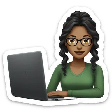 Light brown-skinned girl with long, wavy black hair, with clear glasses wearing a black laptop, wearing a green shirt. sticker
