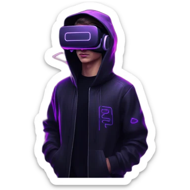 Russian young man wearing a black hoodie with "KEESY" letters on it and VR headset in a cyberpunk VR environment with violet neon lighting. sticker