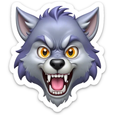 Cinematic Comical Werewolf Portrait Emoji, with a whimsically exaggerated lupine face in vivid moonlit grays and silvers, head cocked in a dramatically shocked expression with comically oversized, wide eyes and a playful snarl, simplified yet hilariously expressive, highly detailed with a soft cartoonish glowing outline capturing the mischievous humor of a werewolf mid-transformation! sticker