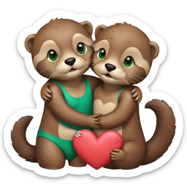 Otter with green eyes and an otter with brown eyes in swim trunks hugging with a heart  sticker