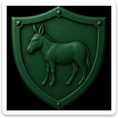 Change the shield to emerald green and replace the mouse with a donkey, matching the style and detail of the reference image. sticker