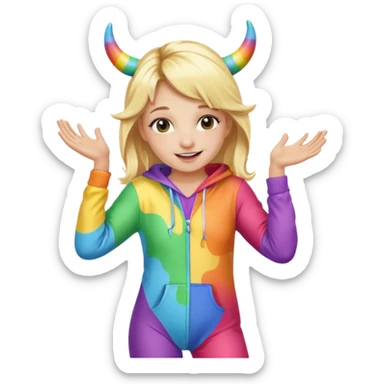 Cute blonde girl dancing in a rainbow onesie with cow horns  sticker