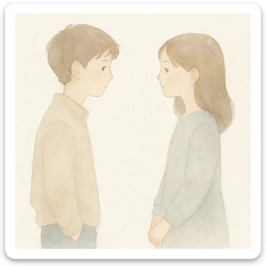 a boy looking at a girl, watercolor art style sticker