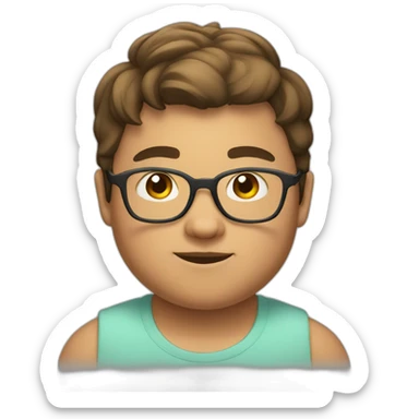 a young fat boy with brown short hair and a transparent glasses sticker