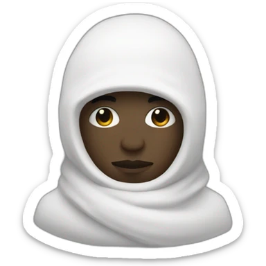 A black man wearing a white balclava hiding the whole face except the eyes adorned with short white wool threads sticker
