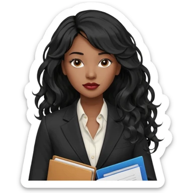 A young woman with long black hair, a wavy frange falling on half of her head. There's a long wavy stretch of hair falling on the side of her head. She's black, medium to dark skinned with thick lips. She's holding folders, and she's a CEO, but she's wearing casual clothes. she has long eyelashes. sticker